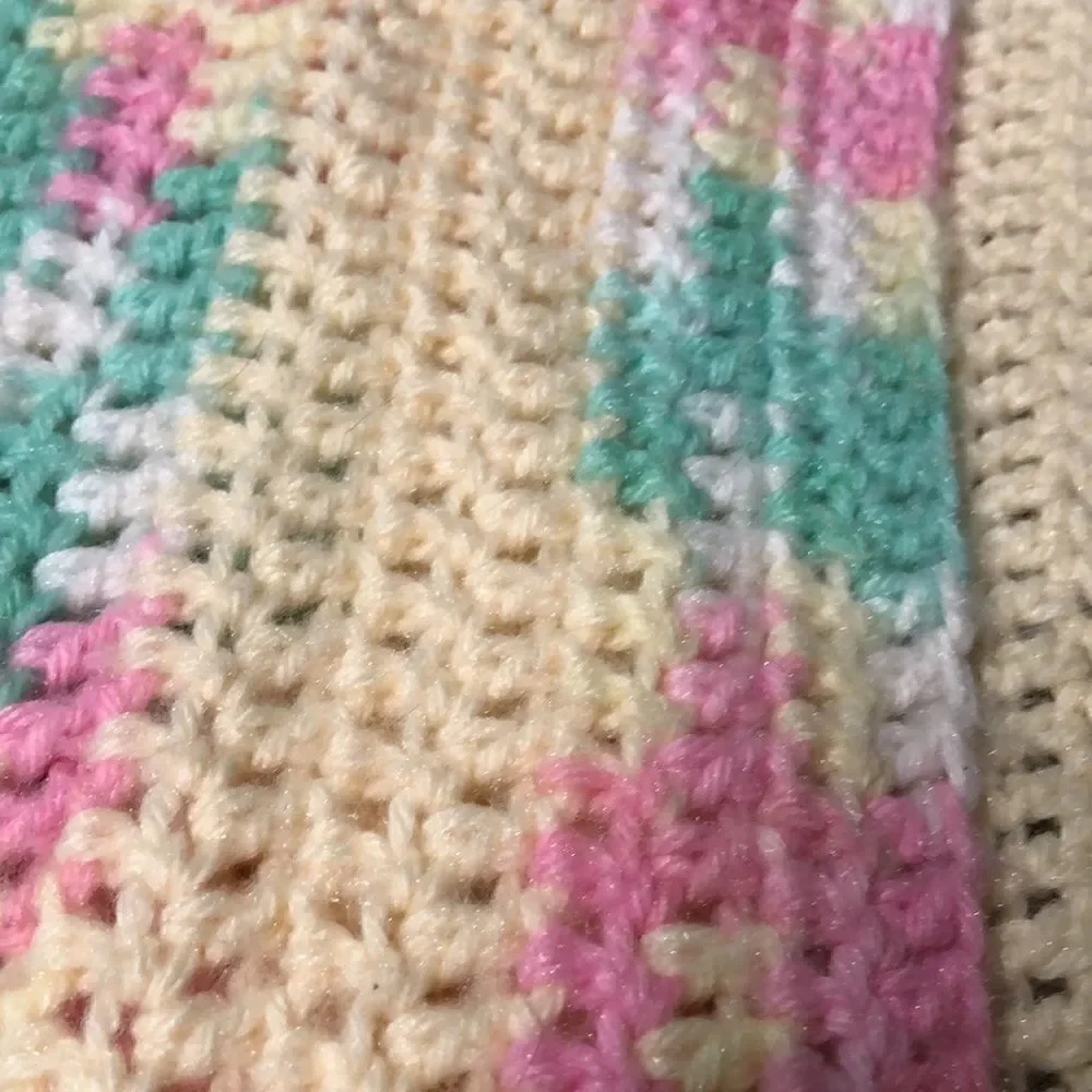 Handmade Baby Blanket in Pastel Green, Pink and Yellow, 34”x62”